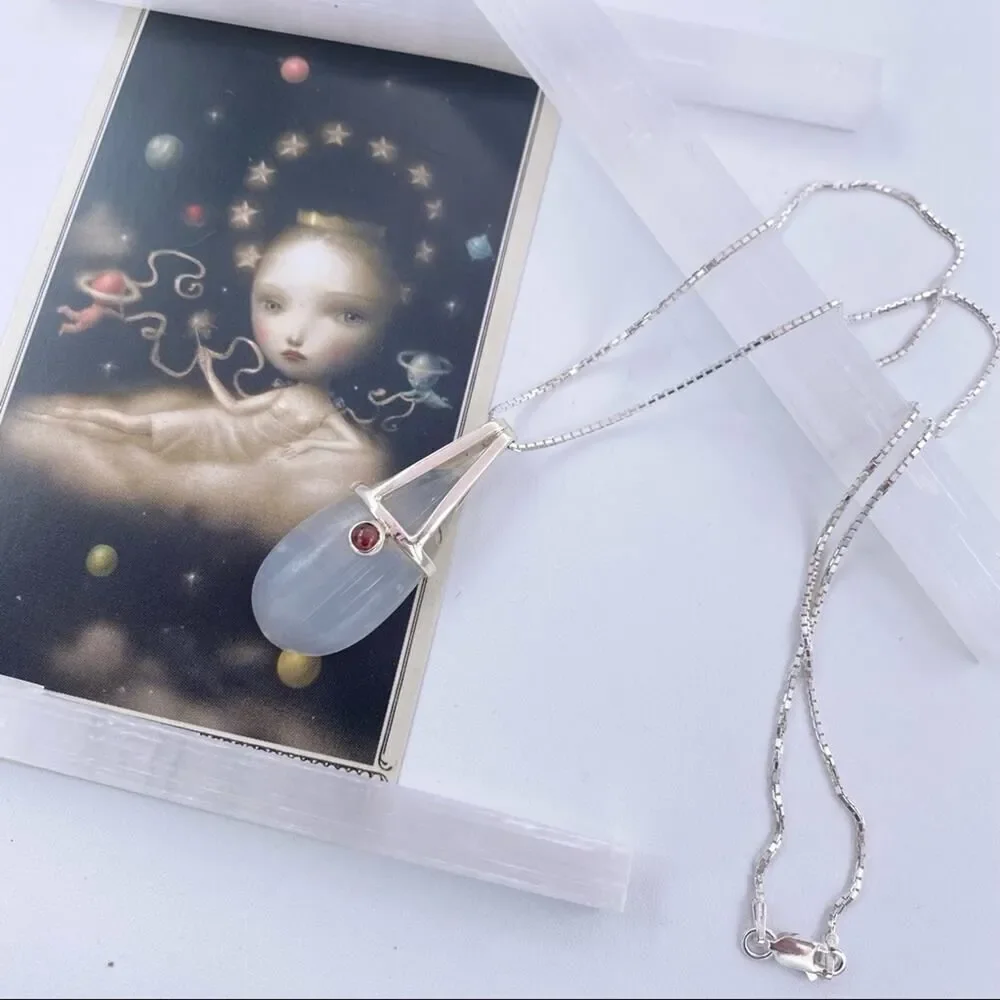 Selenite And Garnet Pendant on Diamond Cut Box Chain